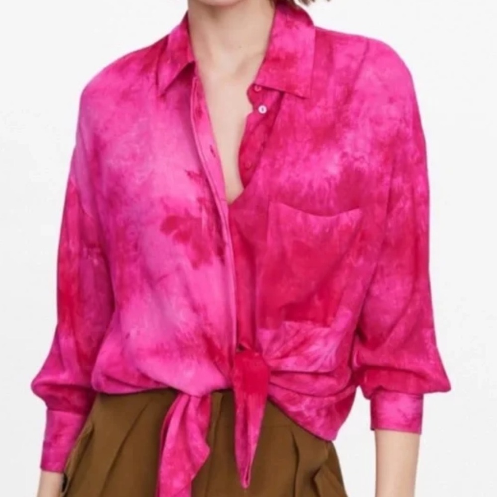 Zara Women's Vibrant Pink Tie-Dye Button Down Shirt Size Small